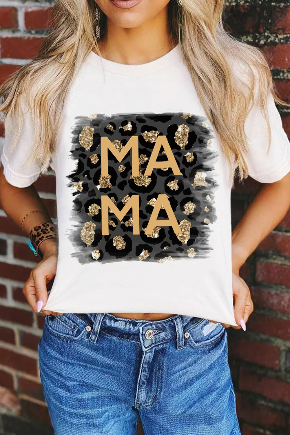 White Casual MAMA Leopard Graphic Color Block Crew Neck Tee