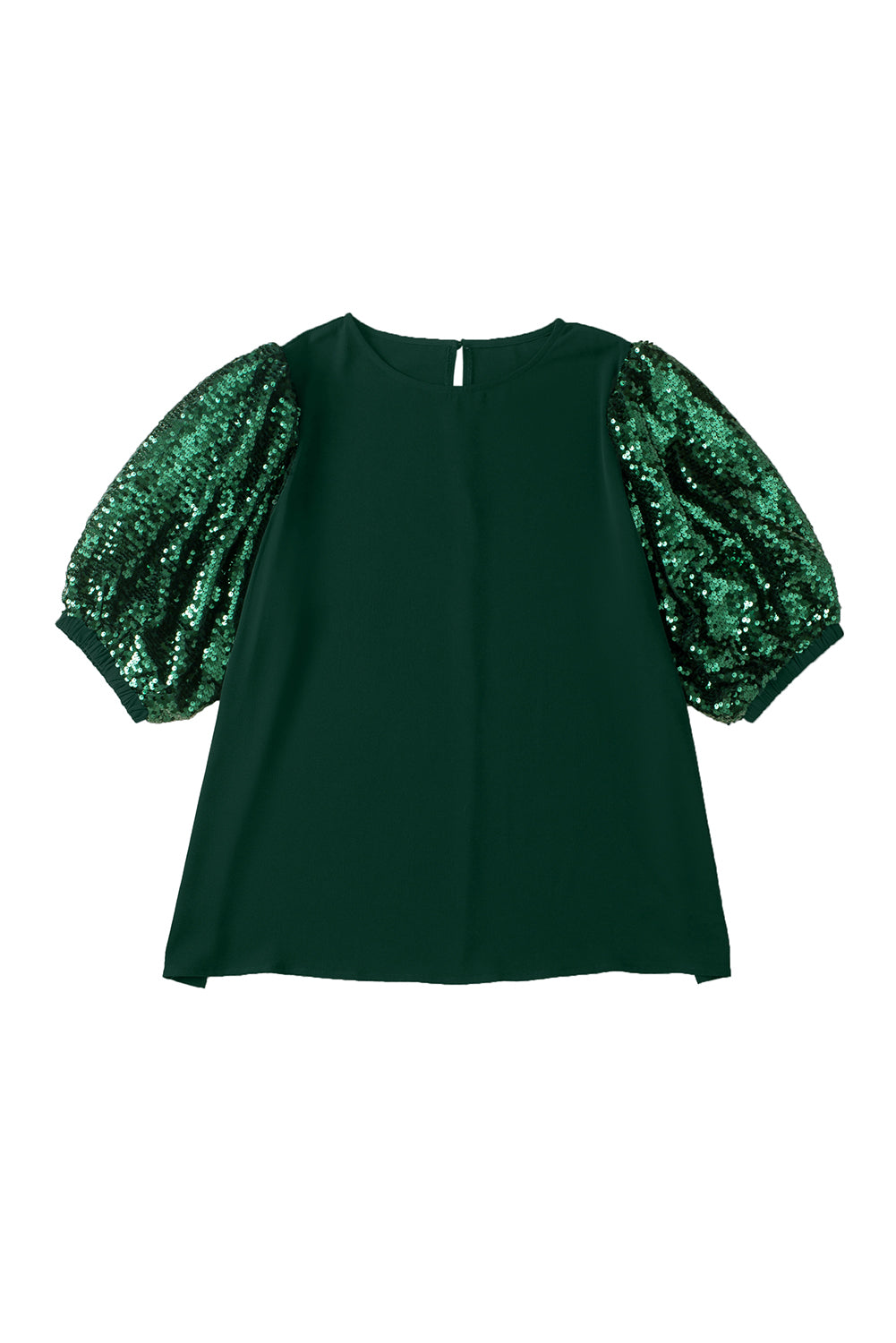 Blackish Green Plus Size Sequin Short Puff Sleeve Top