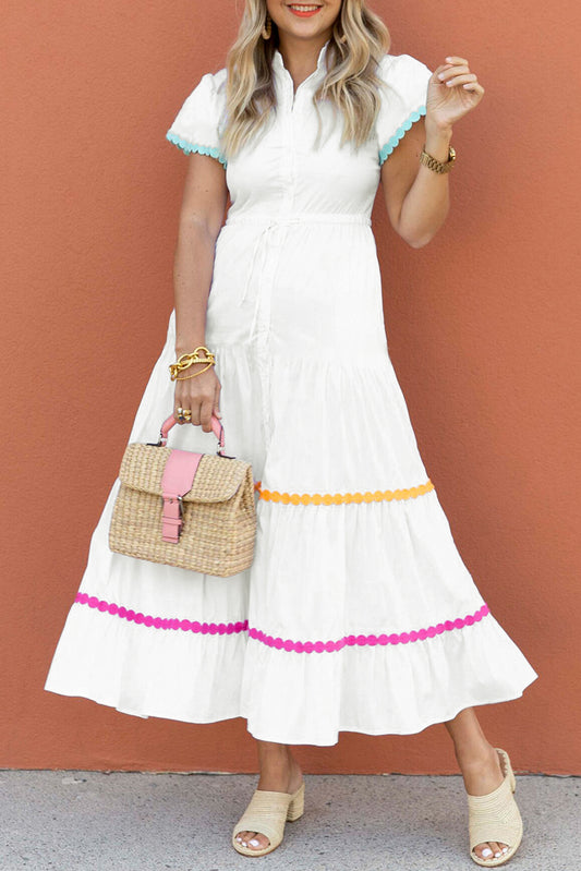 White High Waist Short Sleeve Tiered Shirt Dress