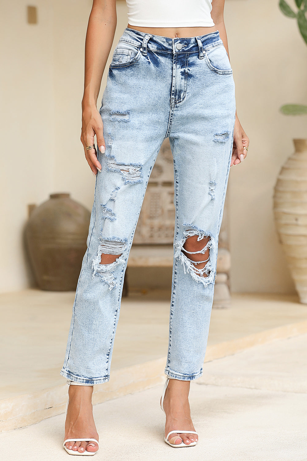 Sky Blue Light Wash Frayed Slim Fit High Waist Jeans