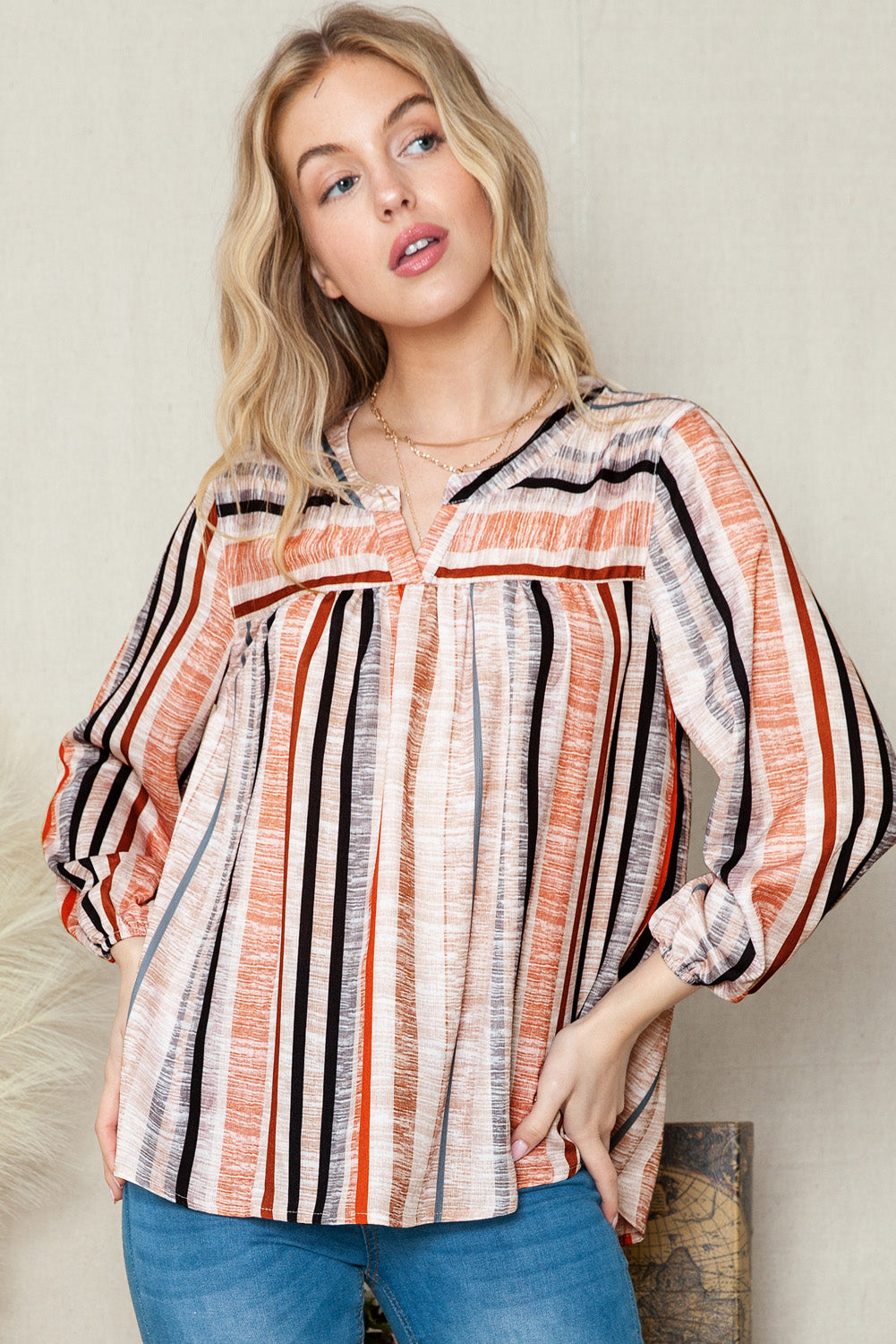 Multicolor Striped V Neck 3/4 Sleeve Blouse