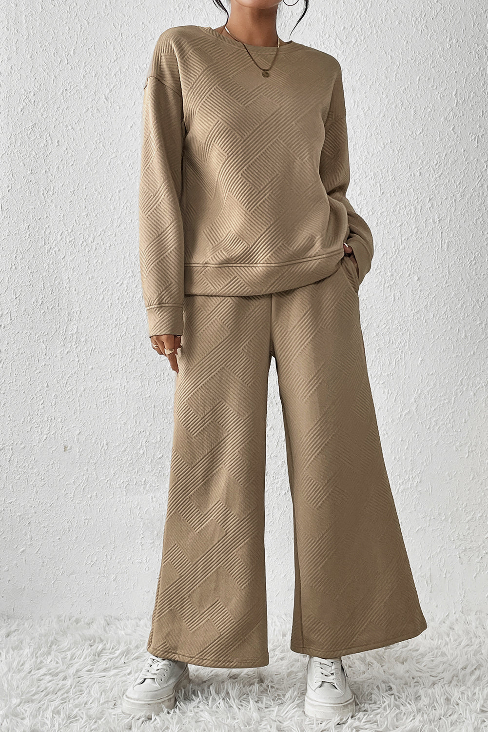 Beige Textured Loose Slouchy Long Sleeve Top and Pants Set