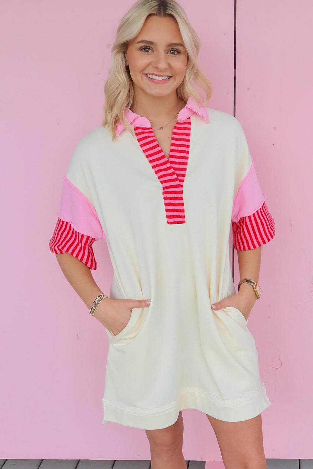 White Stripe Colorblock Sleeve Collared Mini Dress