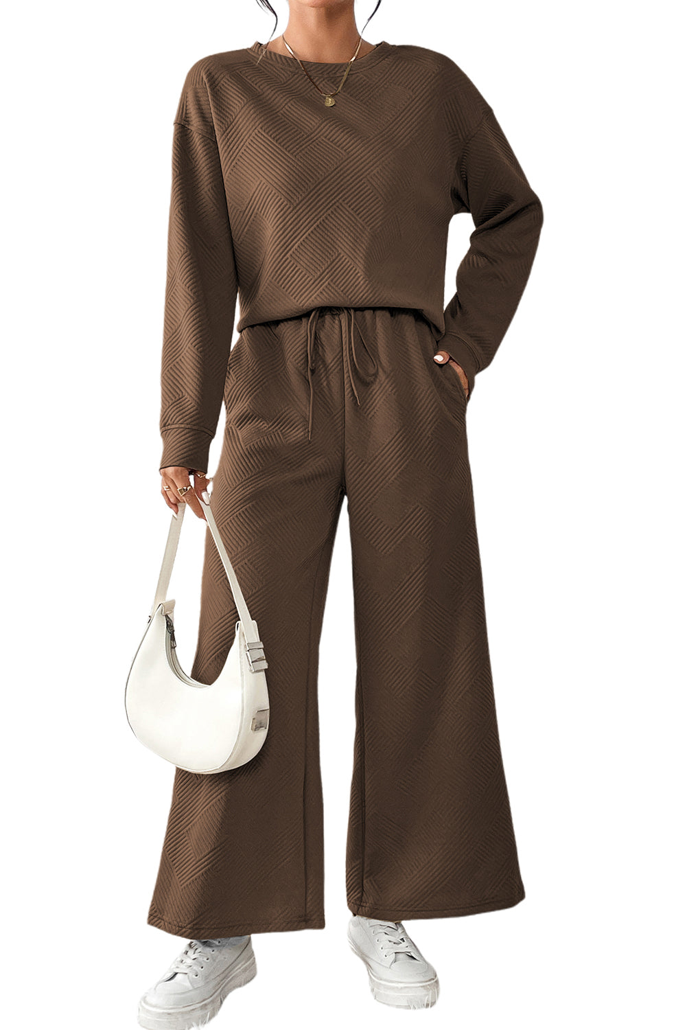 Beige Textured Loose Slouchy Long Sleeve Top and Pants Set