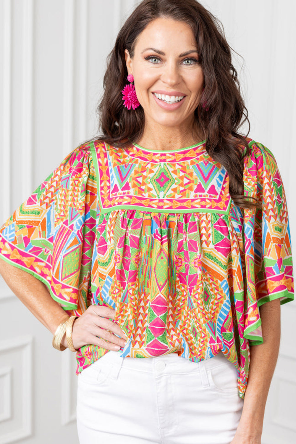 Orange Geometric Print Bell Sleeve Babydoll Blouse