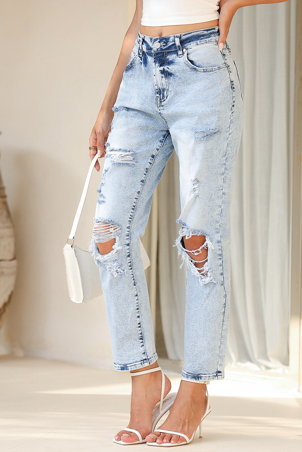 Sky Blue Light Wash Frayed Slim Fit High Waist Jeans