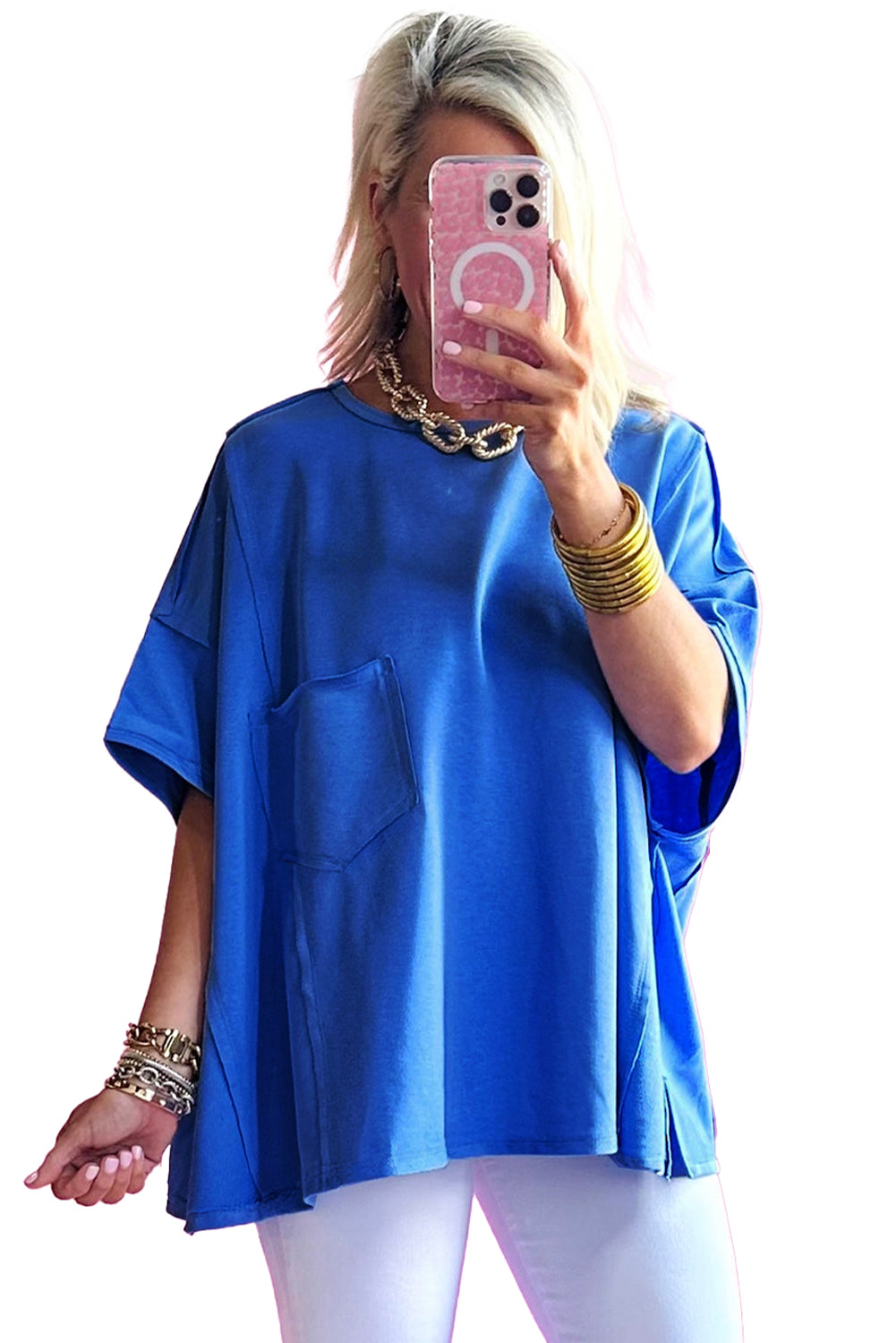 Bright Pink Patched Pocket Exposed Seam Oversize T-shirt