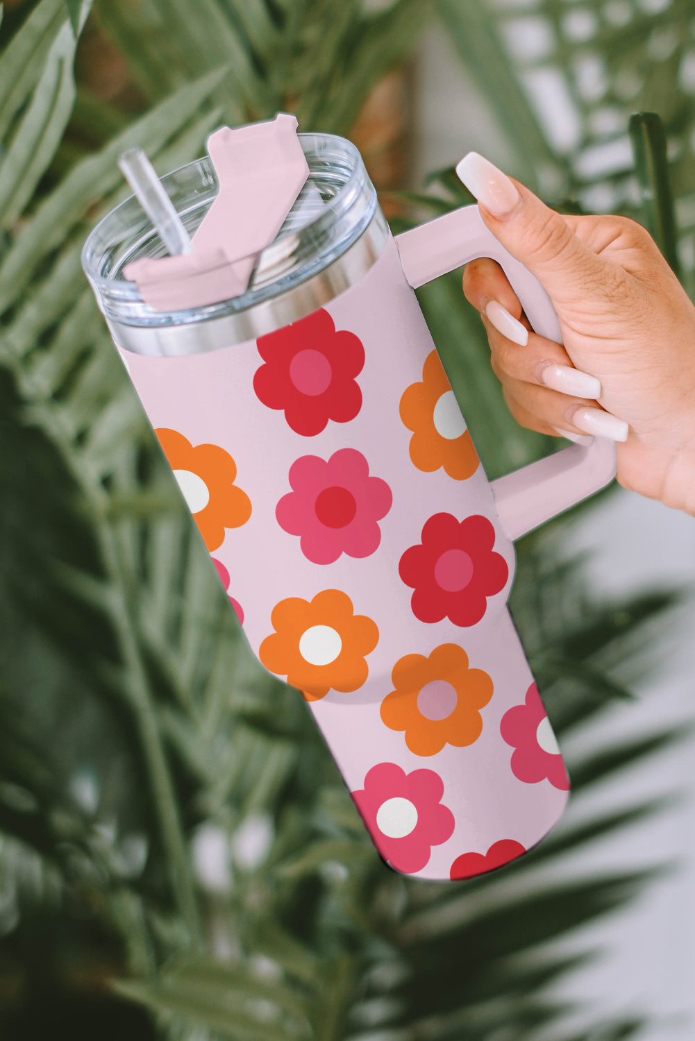 Multicolor 60s Flower Print Handled Stainless Steel Tumbler