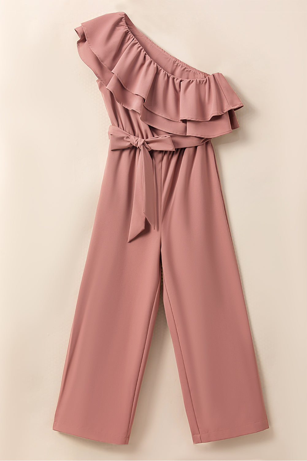 Dusty Pink Asymmetric Shoulder Ruffle Trim Belted Jumpsuit