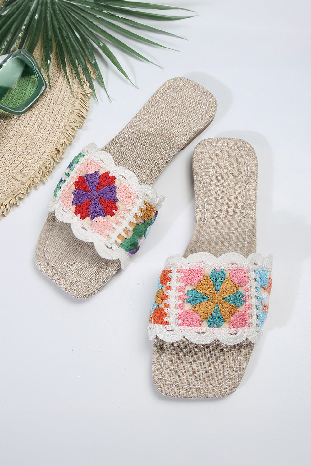 White Crochet Square Toe Flat Slippers