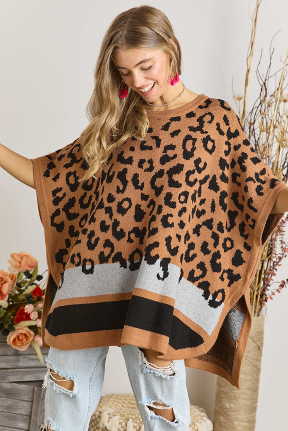 Leopard Print Colorblock Kimono Sleeve Shawl Sweater