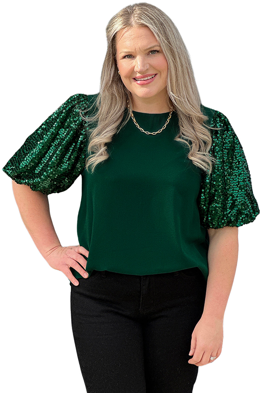 Blackish Green Plus Size Sequin Short Puff Sleeve Top