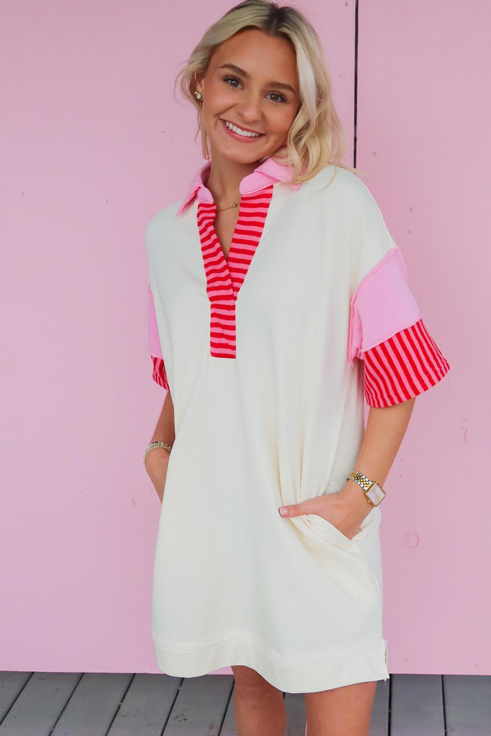 White Stripe Colorblock Sleeve Collared Mini Dress