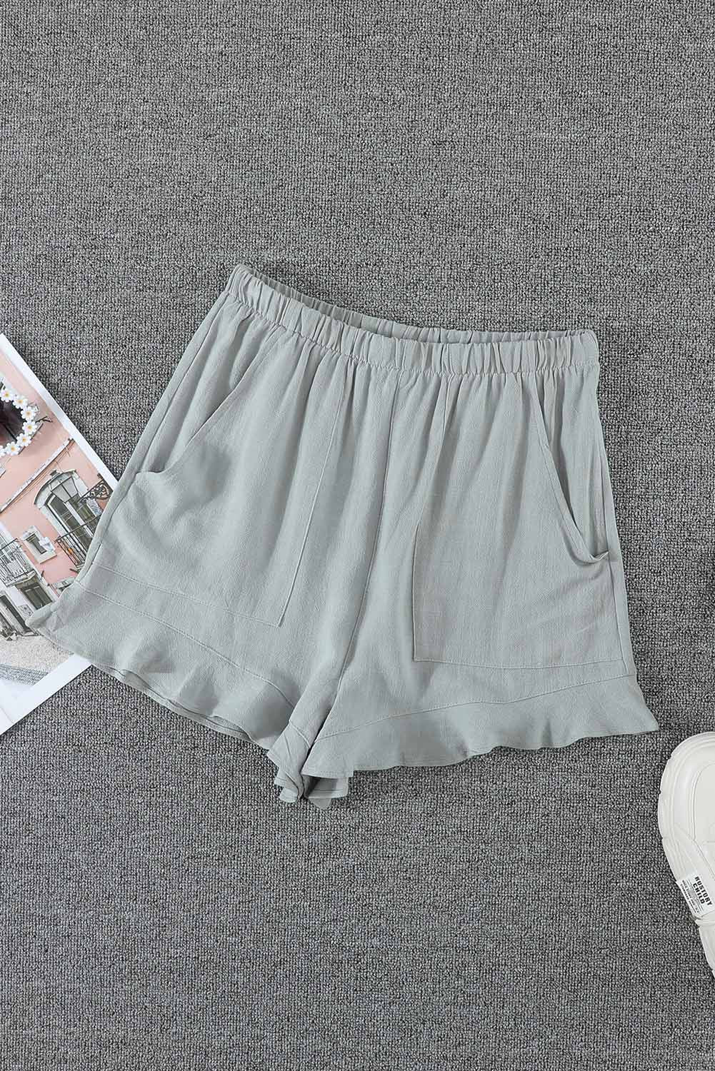 Khaki Casual Pocketed Ruffle High Waist Shorts