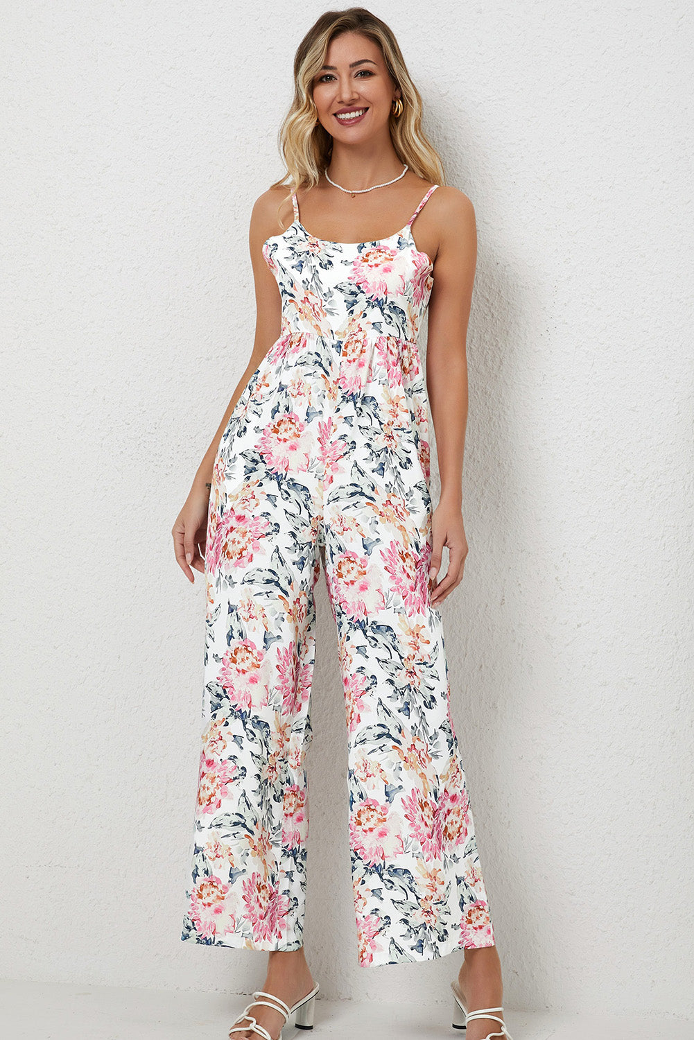 White Floral Spaghetti Straps Wide Leg Jumpsuit