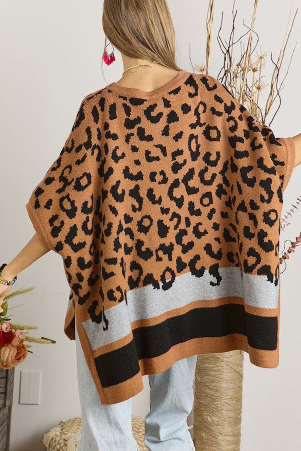 Leopard Print Colorblock Kimono Sleeve Shawl Sweater