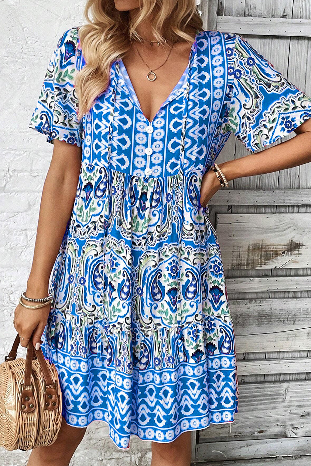 Sky Blue Patchwork Tie Neck Flounce Sleeve Ruffle Hem Mini Dress