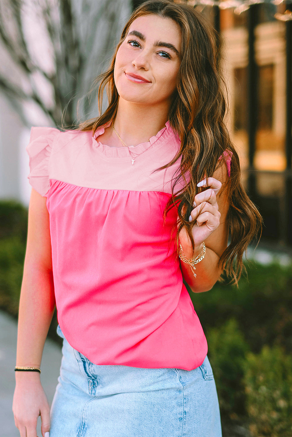 Orange Colorblock Splicing Pleated Ruffle Trim Blouse