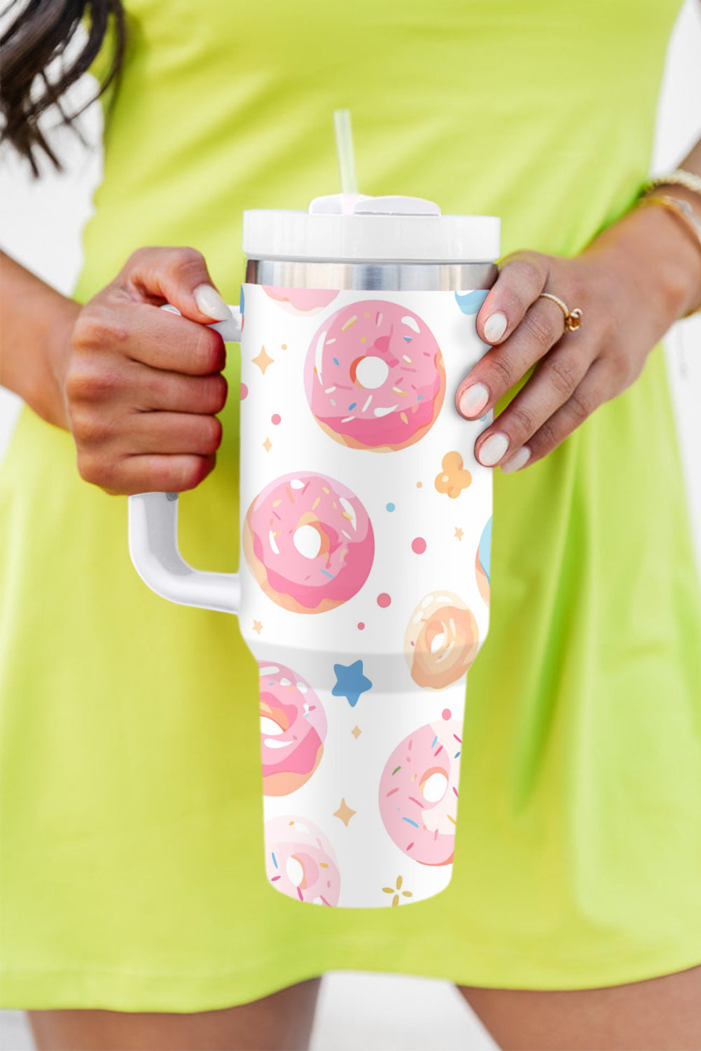 White Doughnut Pattern Stainless Vacuum Cup with Handle 40oz