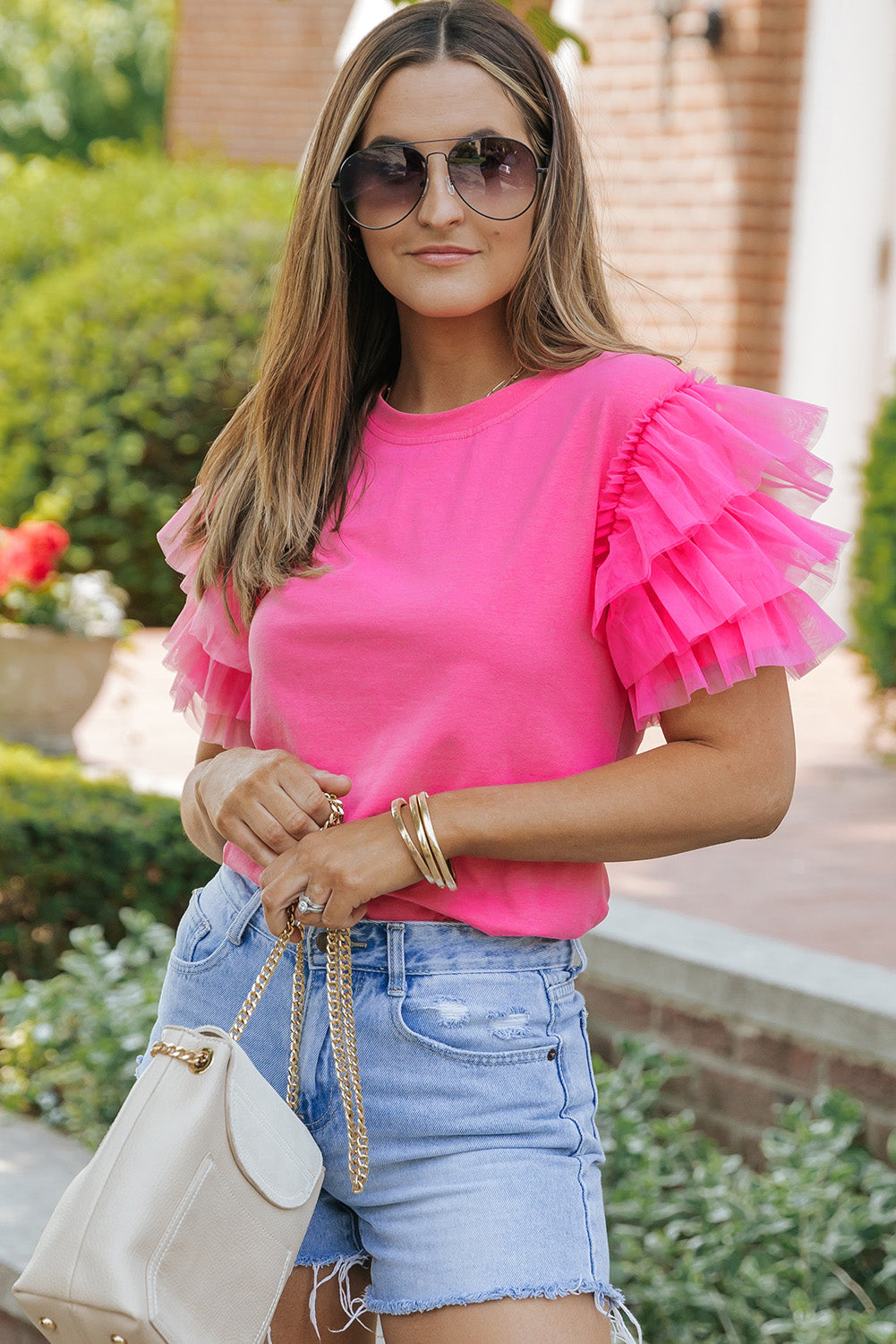 Pink Plain Round Neck Tulle Ruffle Sleeve Blouse