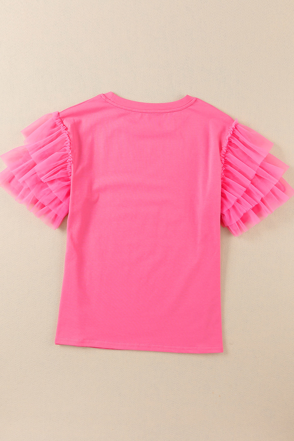 Pink Plain Round Neck Tulle Ruffle Sleeve Blouse