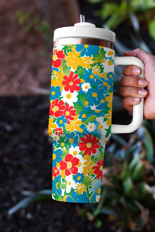 Blue Floral Print Stainless Vacuum Cup with Handle 40oz