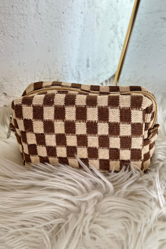 Sky Blue Checkered Knitted Zipper Makeup Bag