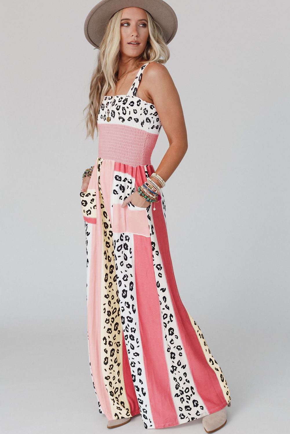 Red Leopard Color Block Mix Print Straps Jumpsuit