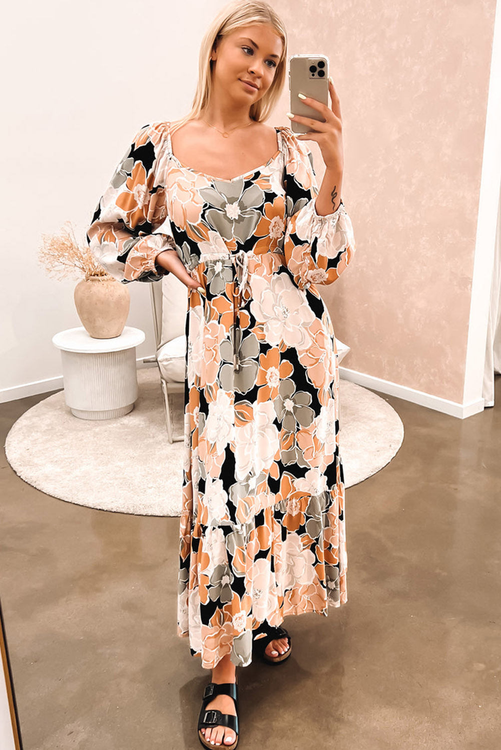 Floral Print Drawstring Waist Puff Sleeve Maxi Dress