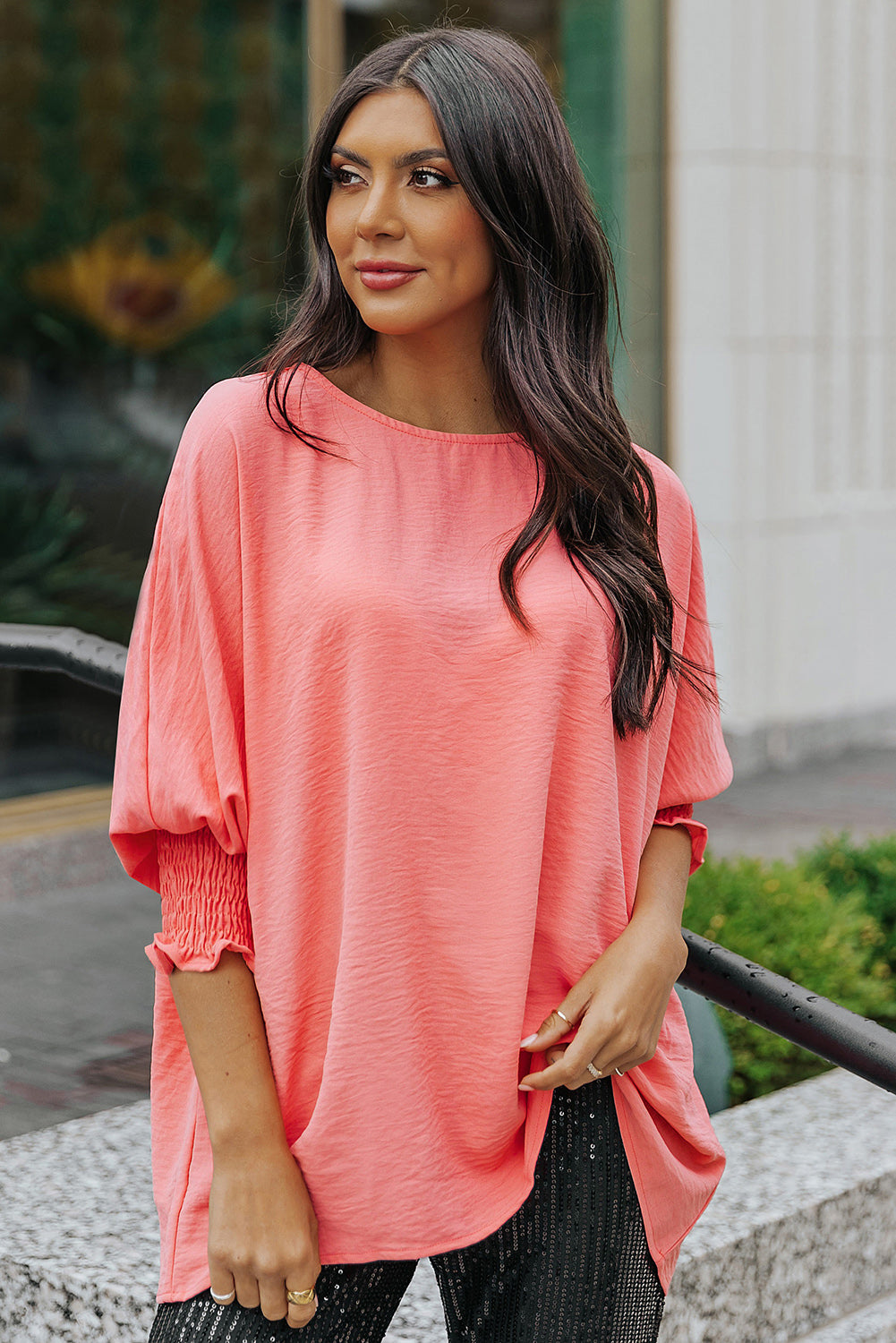 Rosy Solid Casual Smocked Cuffs Dolman Top