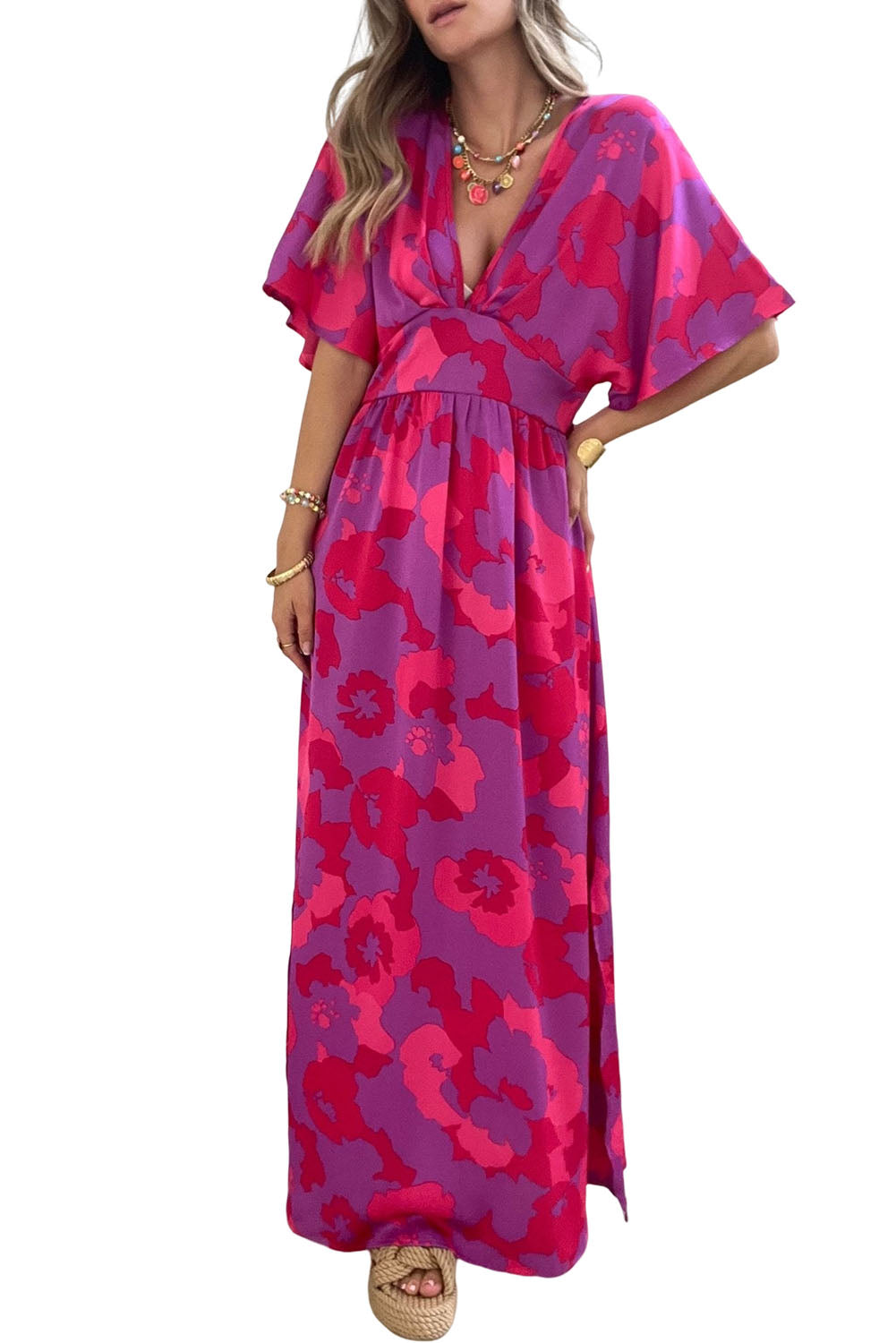 Rose Abstract Floral Print V Neck Split Maxi Dress