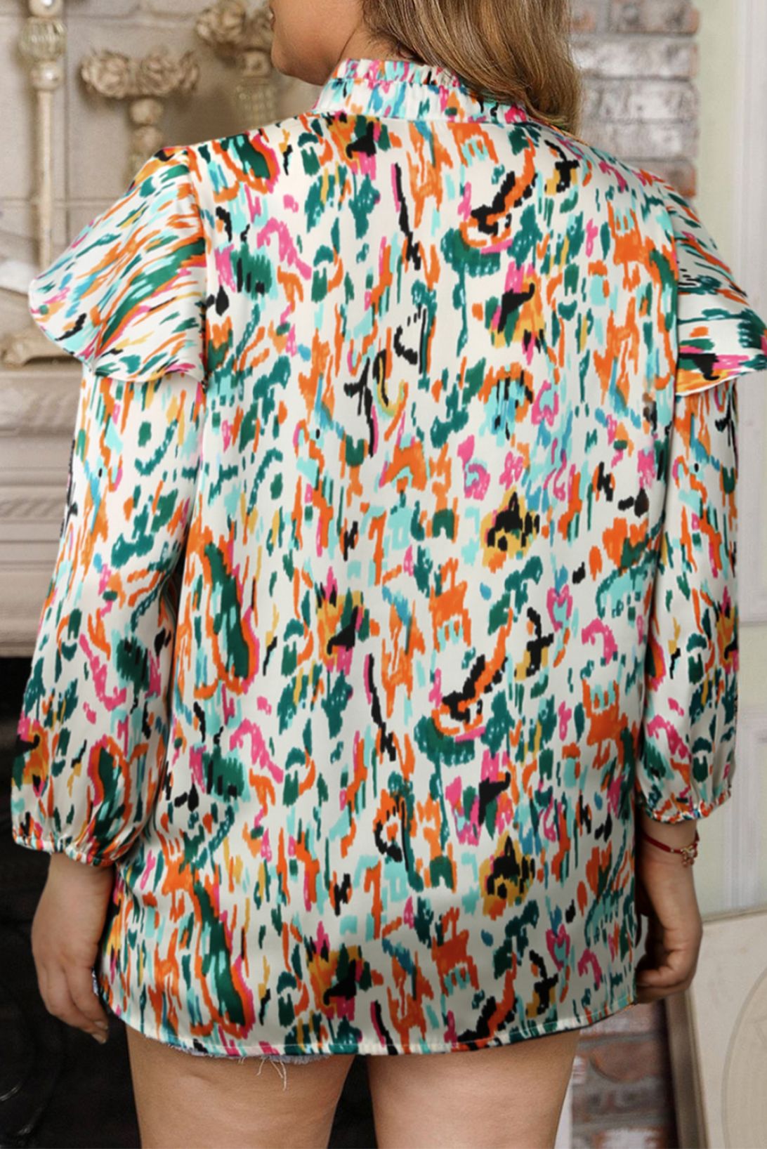 Multicolor Abstract Print Ruffled V Neck Plus Size Blouse