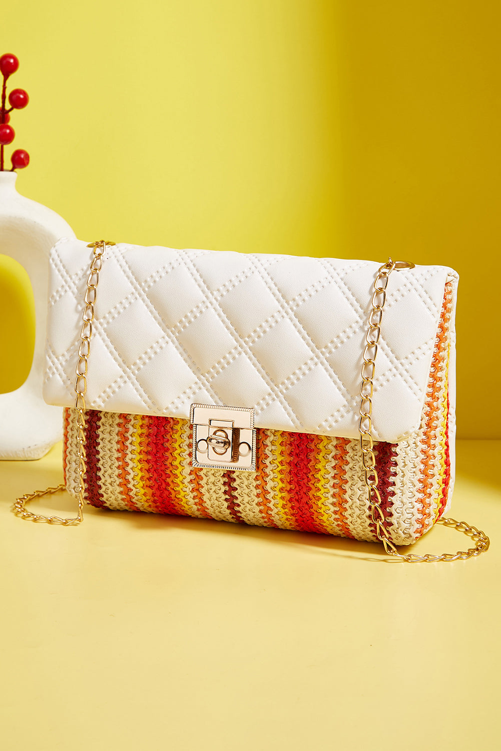 White Quilted Flap Printed Knit Chain Single Shoulder Bag