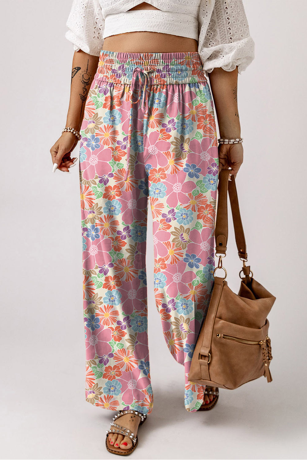 Green Floral Print Smocked Waist Loose Pants