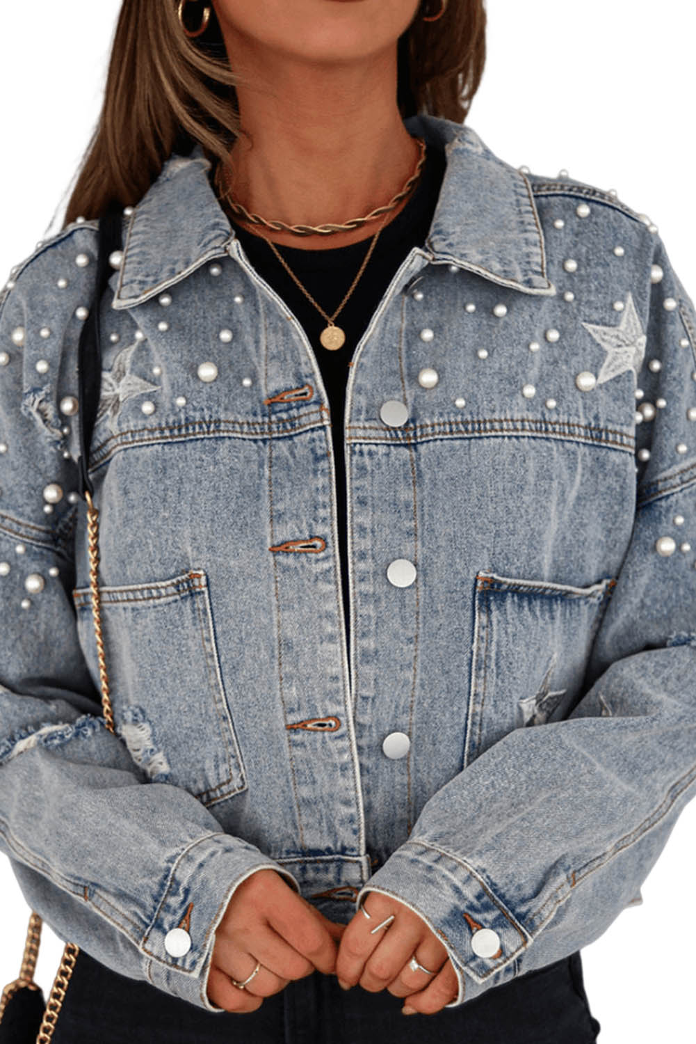 Wholesale Sky Blue Distressed Pearls Star Cropped Denim Jacket