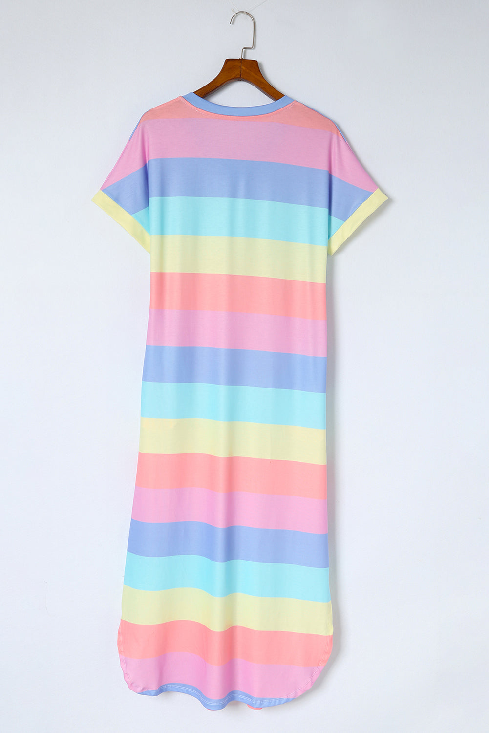 Multicolor Striped Side Split Pockets V Neck Maxi Shirt Dress