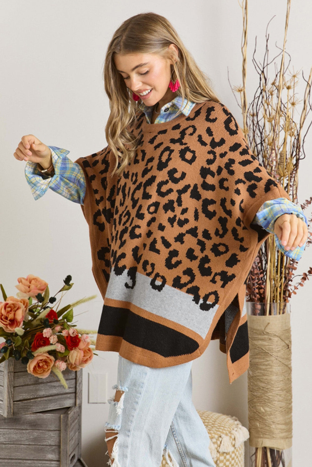 Leopard Print Colorblock Kimono Sleeve Shawl Sweater