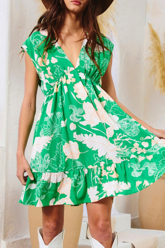 Green Floral Print V-Neck Ruffle Hem Ruched Empire Waist Dress