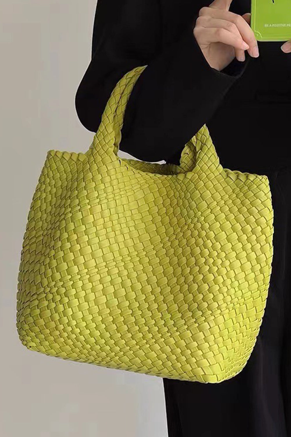 Pear Green Solid Color Woven Handbag with Pouch