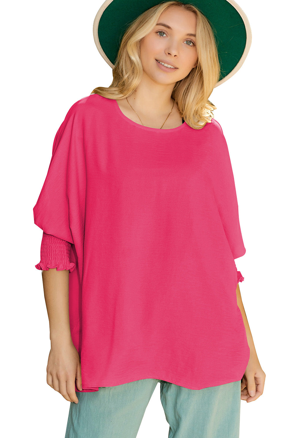 Rosy Solid Casual Smocked Cuffs Dolman Top