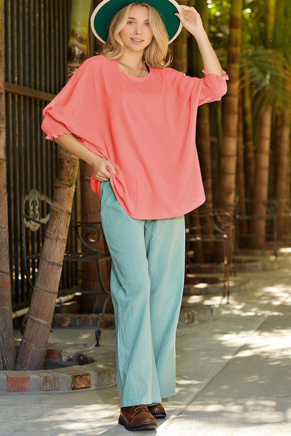 Rosy Solid Casual Smocked Cuffs Dolman Top