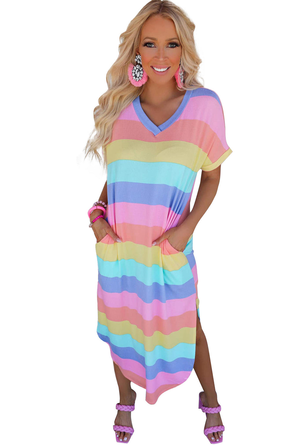 Multicolor Striped Side Split Pockets V Neck Maxi Shirt Dress