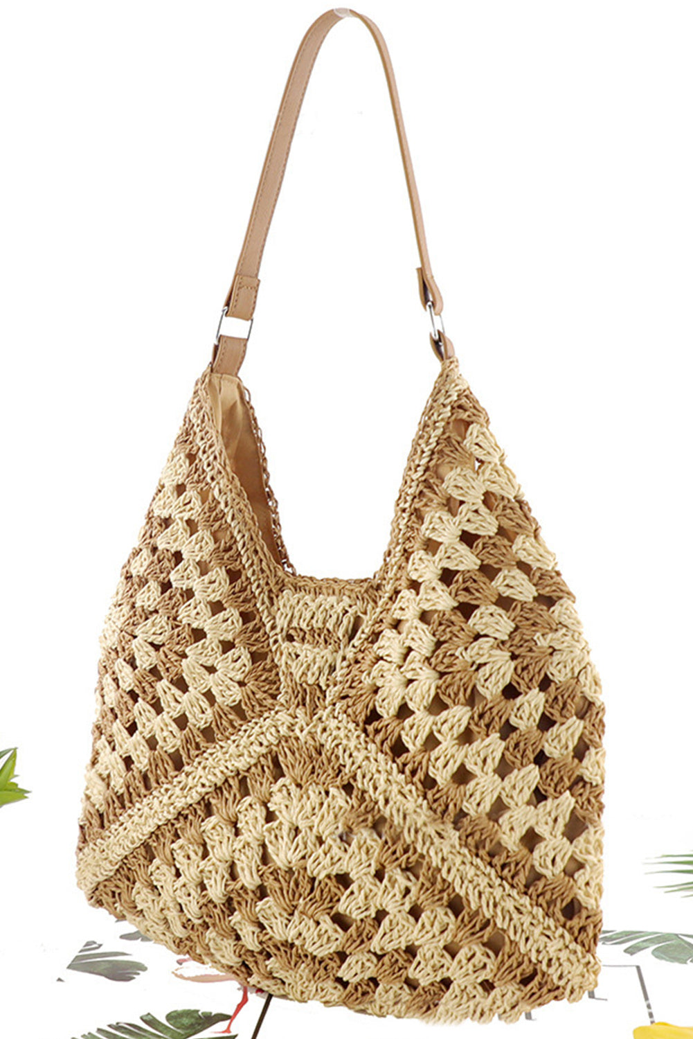 Wholesale Khaki Hollowed Bohemian Straw Woven Shoulder Bag