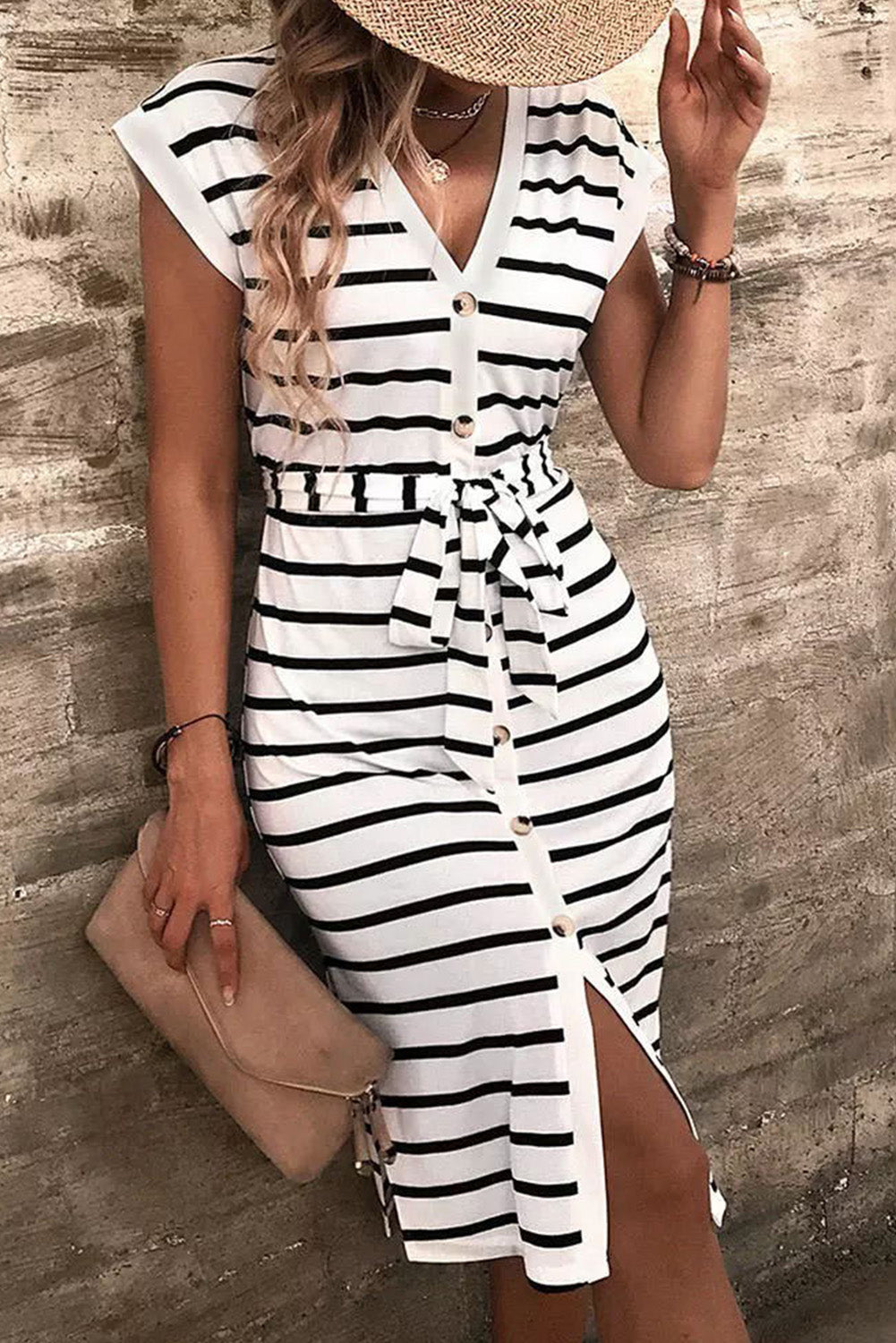 Striped Button Belted Casual V-Neck Midi Dress