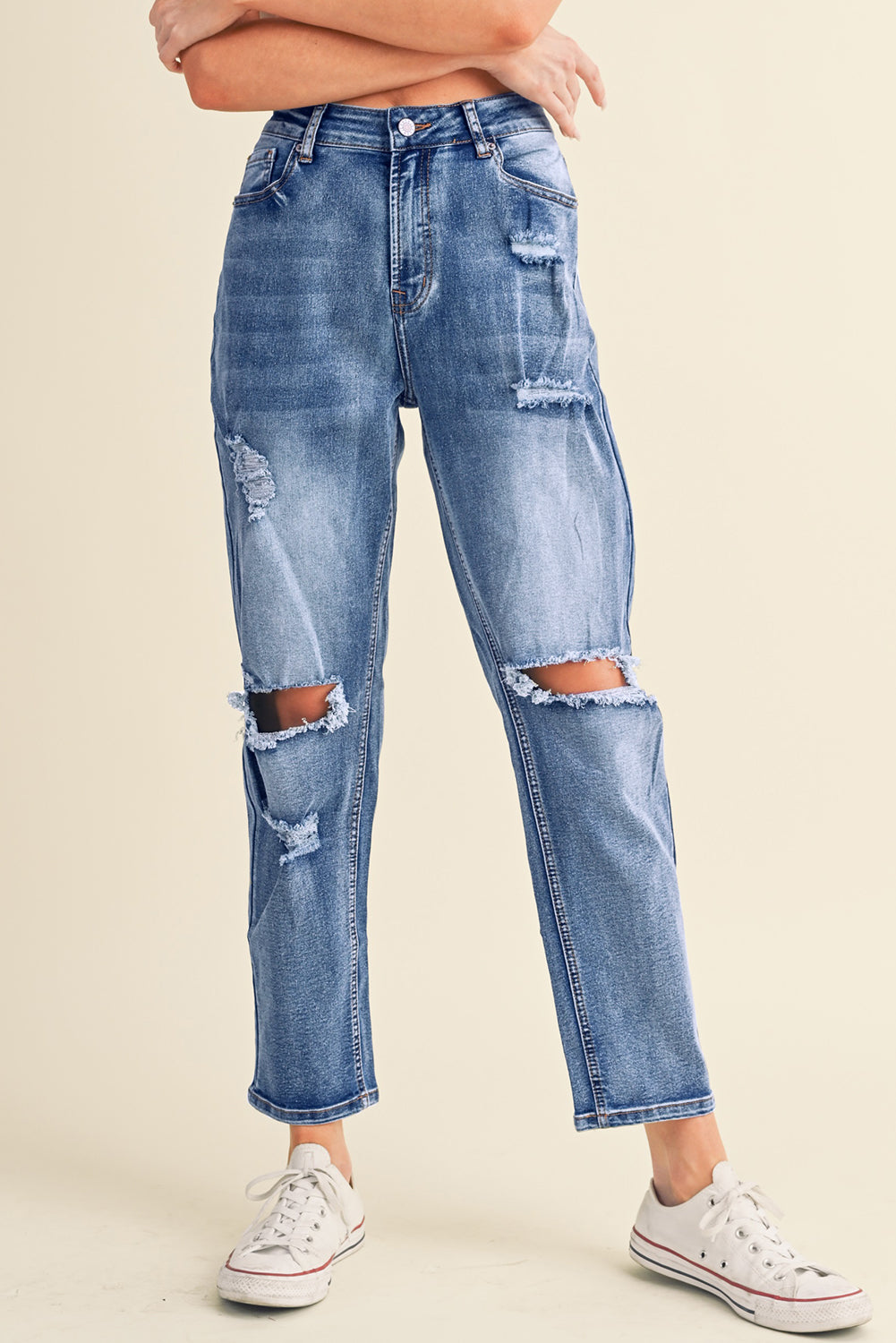 Sky Blue Open Knee Cutout Straight Leg Jeans