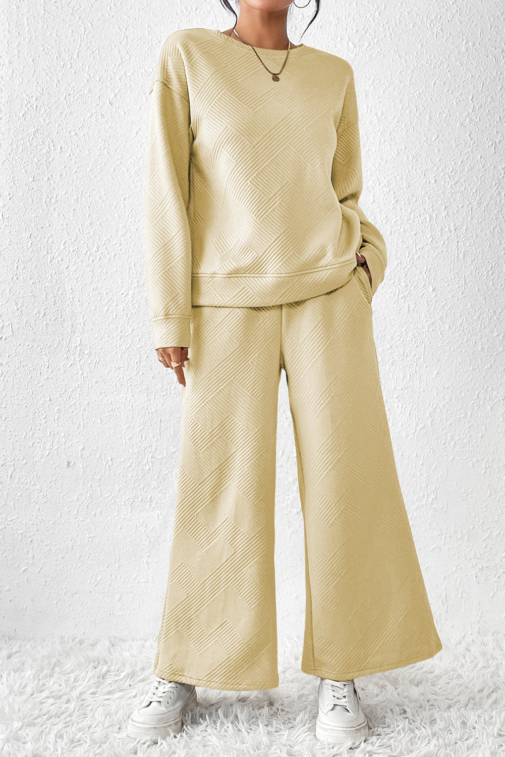 Beige Textured Loose Slouchy Long Sleeve Top and Pants Set