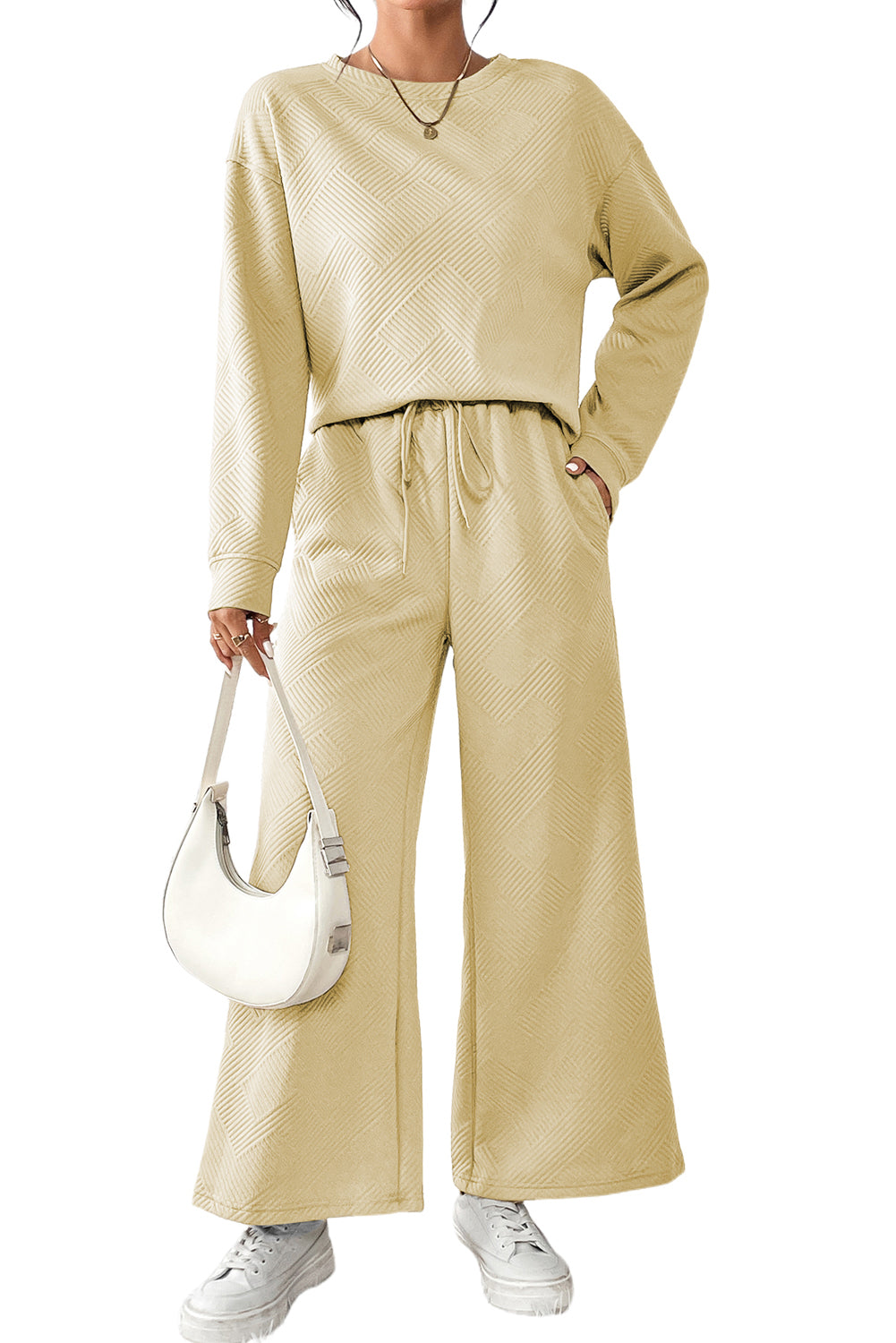 Beige Textured Loose Slouchy Long Sleeve Top and Pants Set