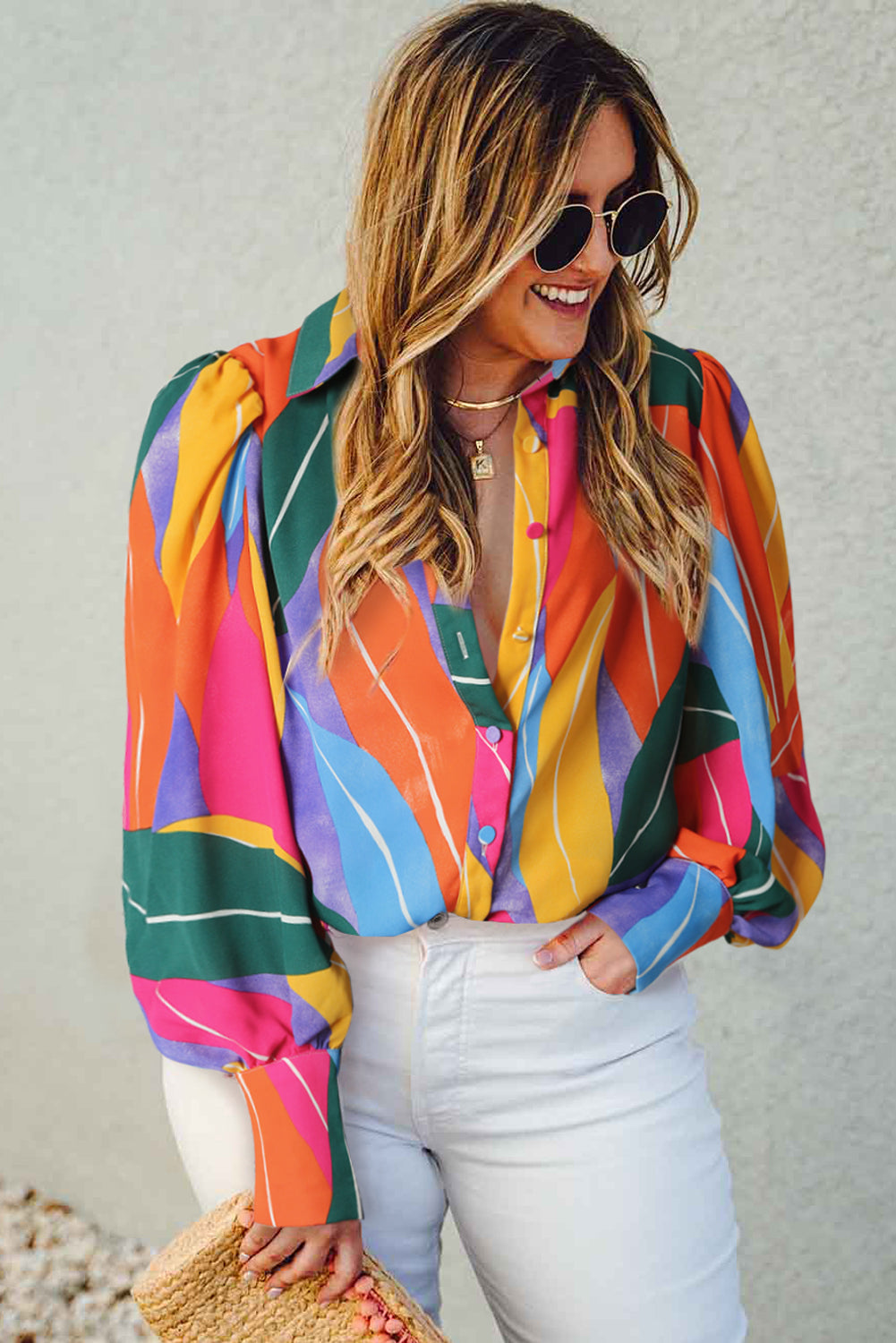 Multicolor Abstract Print Puff Sleeve Plus Size Shirt