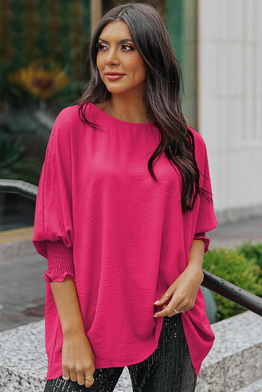 Rosy Solid Casual Smocked Cuffs Dolman Top