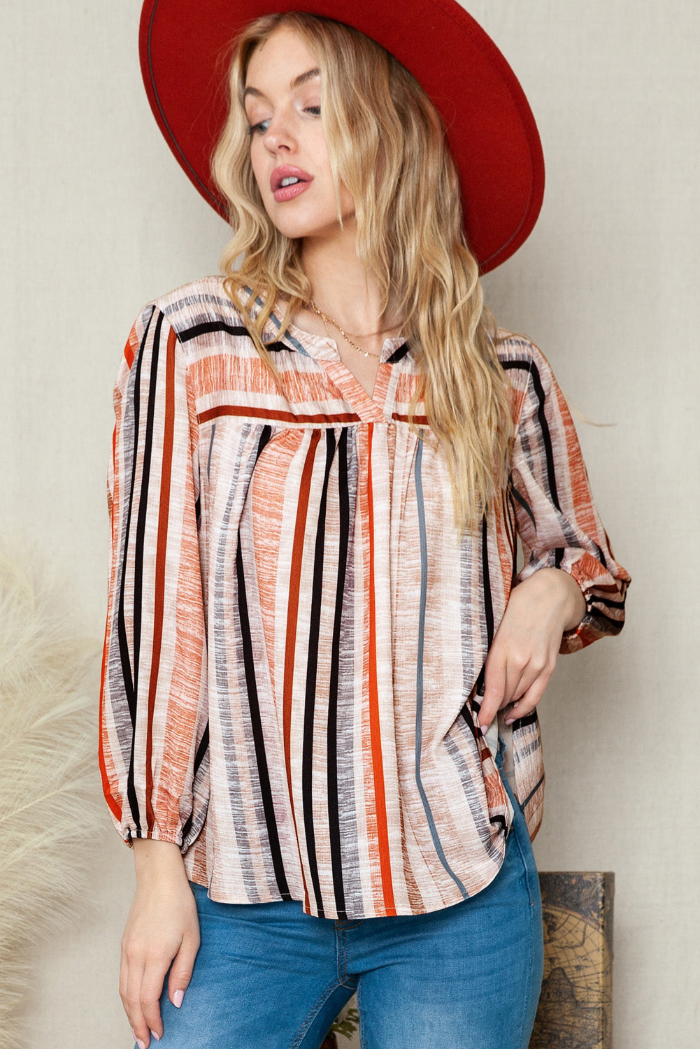 Multicolor Striped V Neck 3/4 Sleeve Blouse